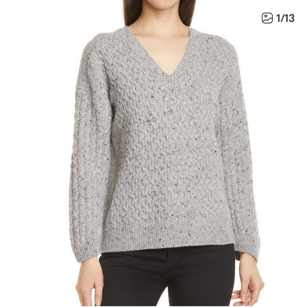 VINCE Mini Cable Knit V-neck Merino Wool Blend Sweater In Light Mist M